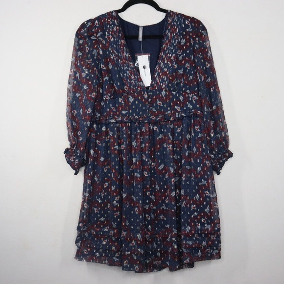 Urban‎ Outfitters Mini Dress Womens XS Blue Cheetah Print Chiffon Ruffle Pintuck - Picture 1 of 9